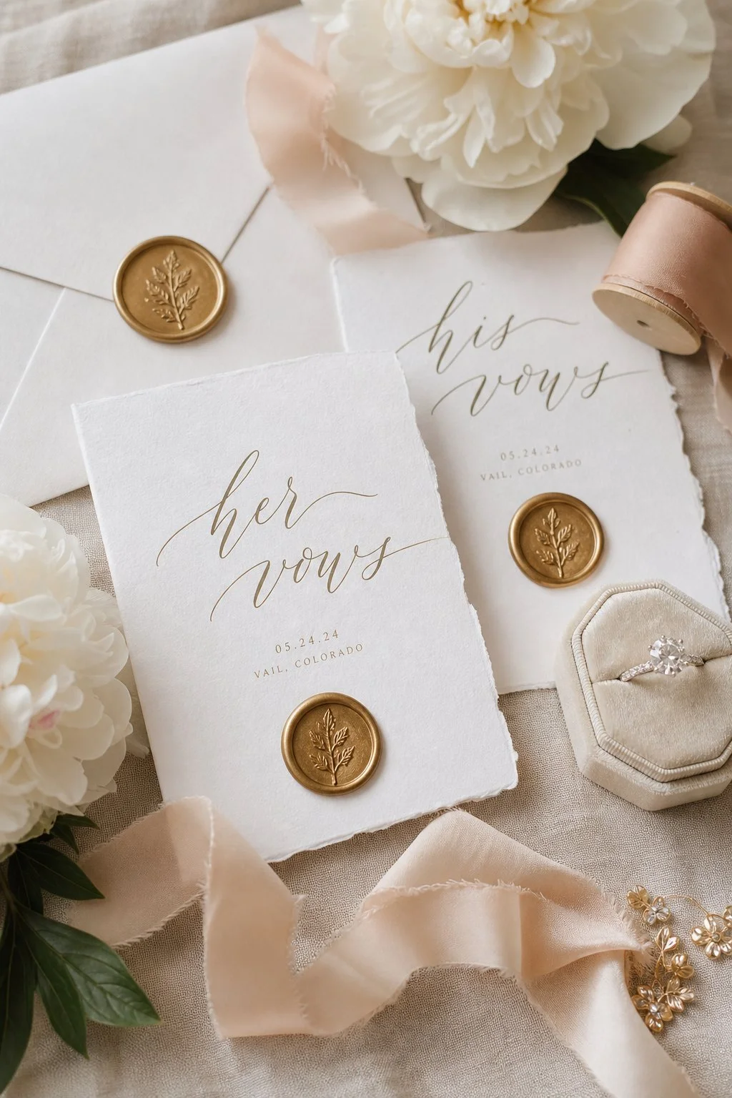 Aesthetic minimalist wedding stationery flatlay with gold wax seals vow invitations and sparkling engagement ring