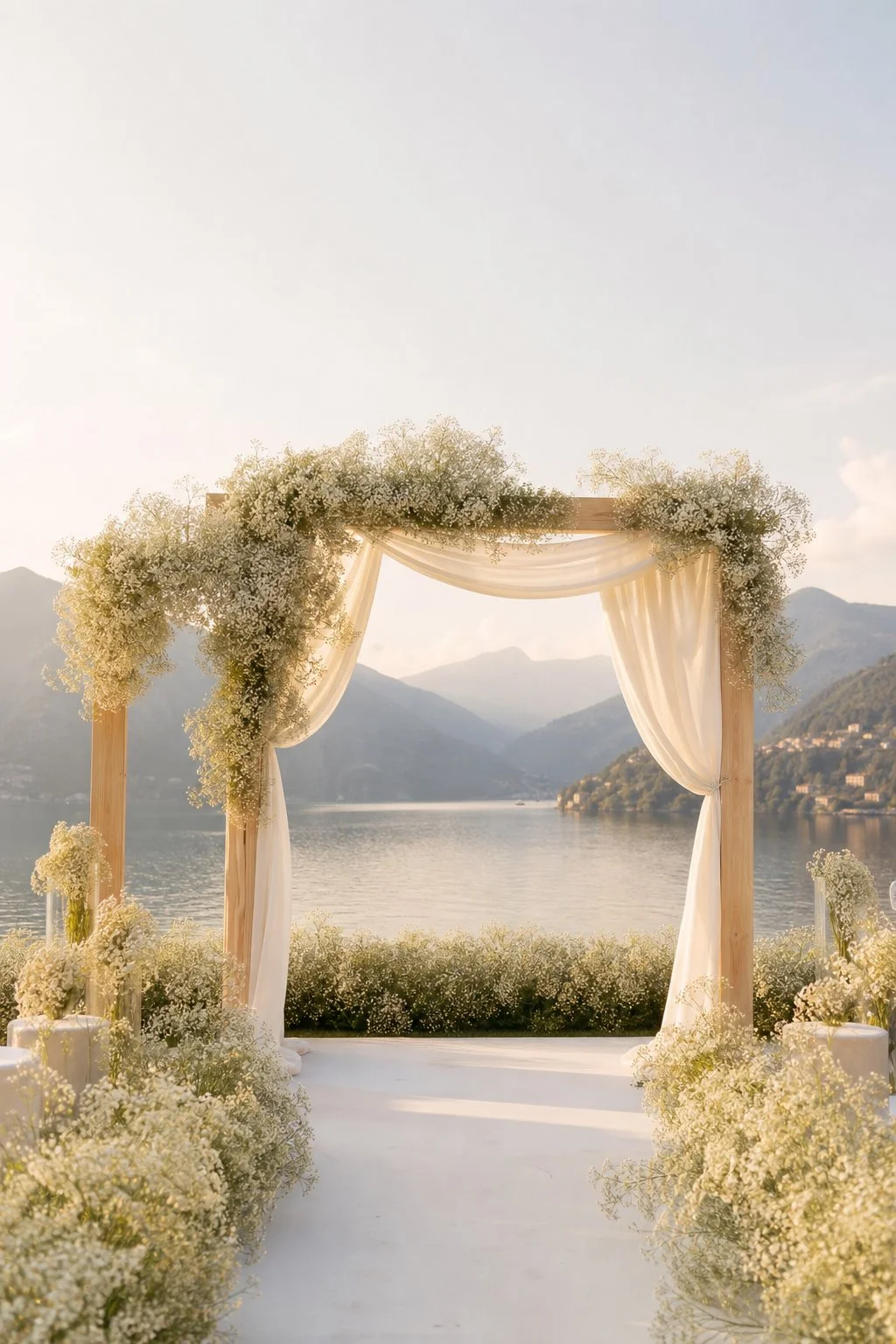 Minimalist modern outdoor floral ceremony arch overlooking calm lake