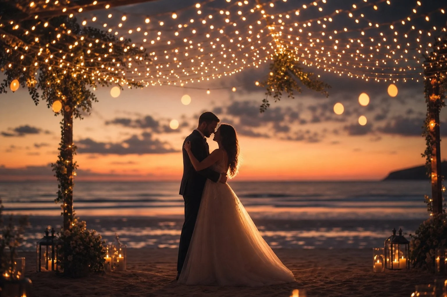 Romantic newlywed couple sharing first dance under glowing fairy light canopy on peaceful beach at sunset