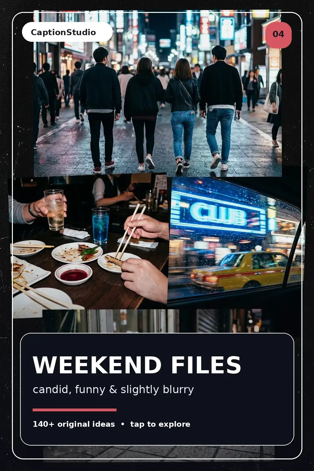 Modern direct-flash weekend photo collage with city night details