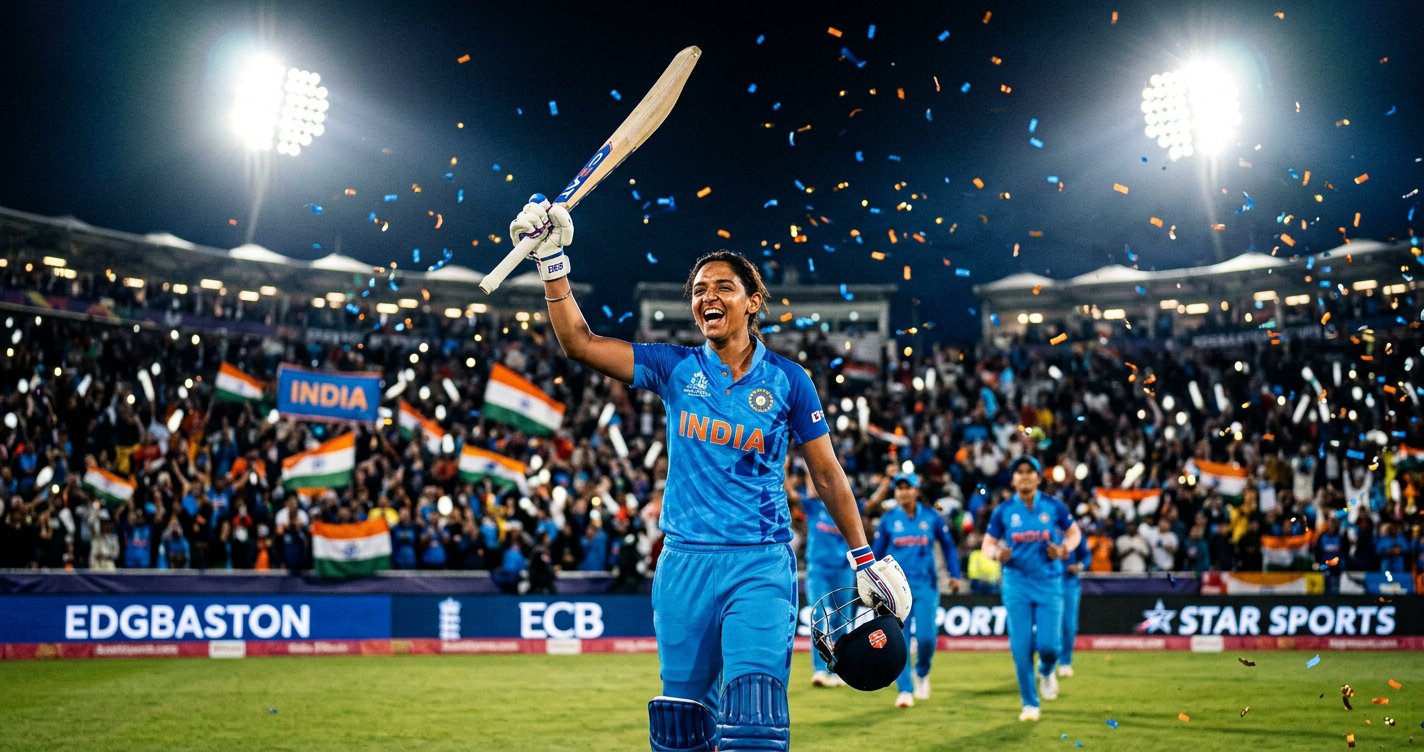 Indian women cricketer celebrating T20 World Cup 2026 Edgbaston