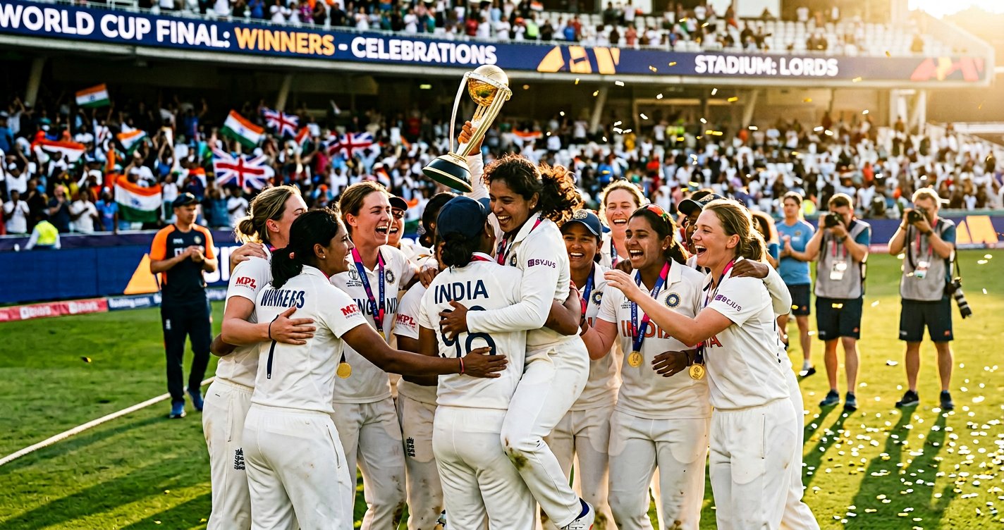 Women cricket team celebrating World Cup victory