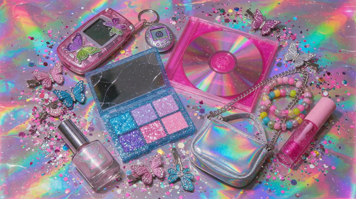 Y2K cyber aesthetic flatlay on holographic iridescent background featuring chunky pink flip phone butterfly hair clips frosted blue glitter eyeshadow palette translucent CD case beaded bracelets and tamagotchi keychain